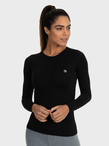 camisa segunda pele termica protecao solar feminina preta frente c