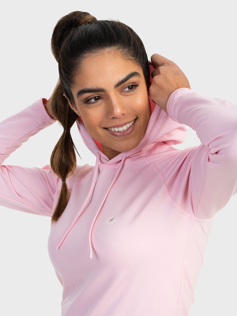 camisa uv termica para frio com capuz feminina extreme uv rosa detalhe c