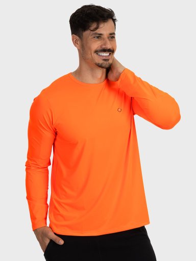 camisa masculina basic dry com protecao solar manga longa extreme uv laranja fluor lateral b n