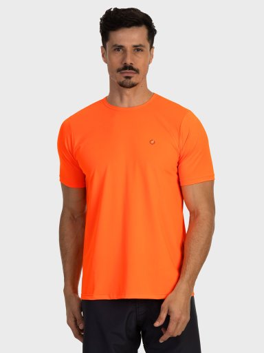 camiseta basic masculina com protecao solar manga curta extreme uv new dry laranja fluor frente c n