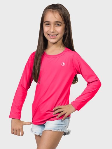 camisa uv infantil feminina new dry manga longa com protecao solar extreme uv rosa neon frente c