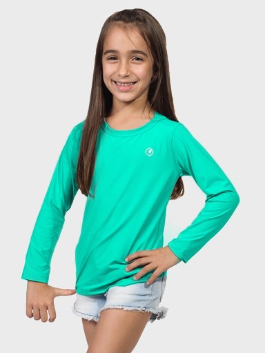 camisa uv infantil feminina new dry manga longa com protecao solar extreme uv verde agua frente c
