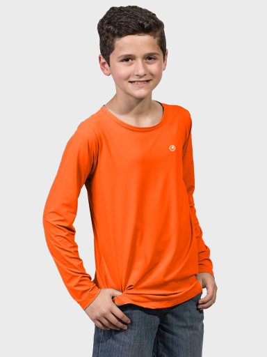 camisa uv infantil masculina new dry manga longa com protecao solar extreme uv laranja neon frente c