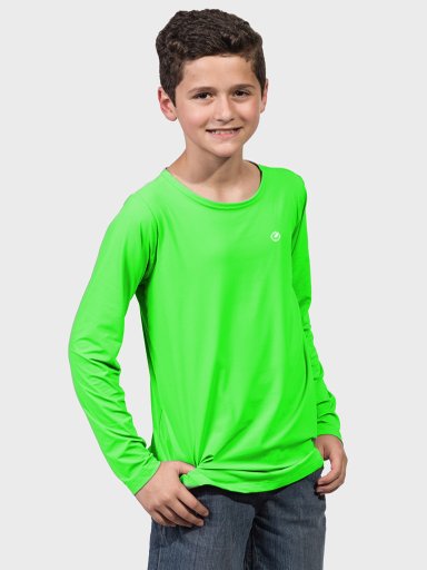 camisa uv infantil masculina new dry manga longa com protecao solar extreme uv verde neon frente c