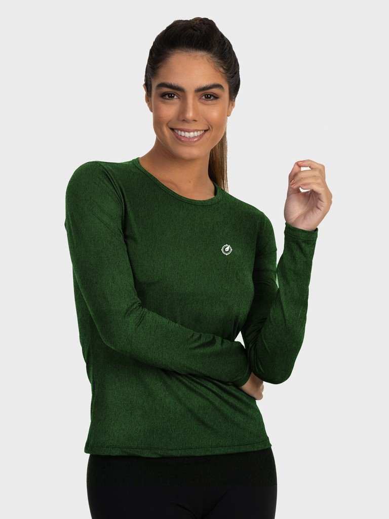 camisa uv feminina mescla com protecao solar extreme uv verde militar frente c