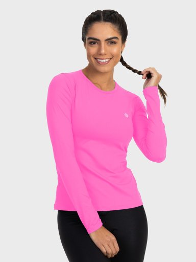 camisa uv feminia longa ice rosa chiclete frente c